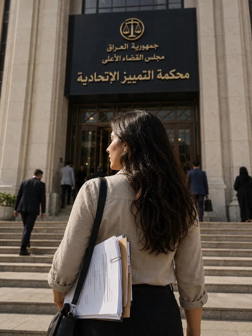 امرأة تحمل ملفات تسير على سلم أمام مبنى المحكمة الاتحادية العليا في العراق.