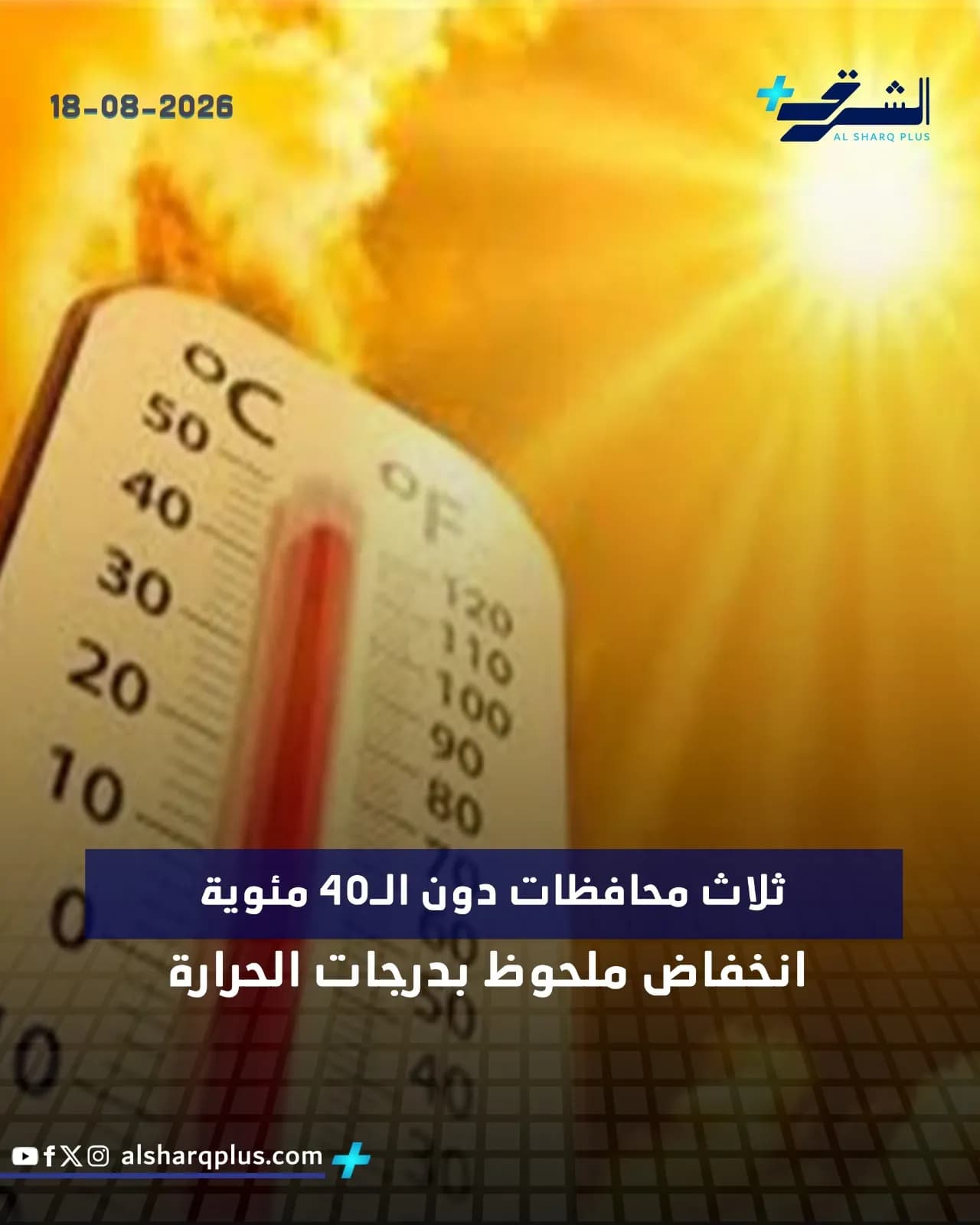 ميزان حرارة يشير إلى درجة حرارة عالية تحت أشعة الشمس، مع شعار قناة "الشرق بلس" وتاريخ 18-08-2026 ونص عن انخفاض درجات الحرارة.