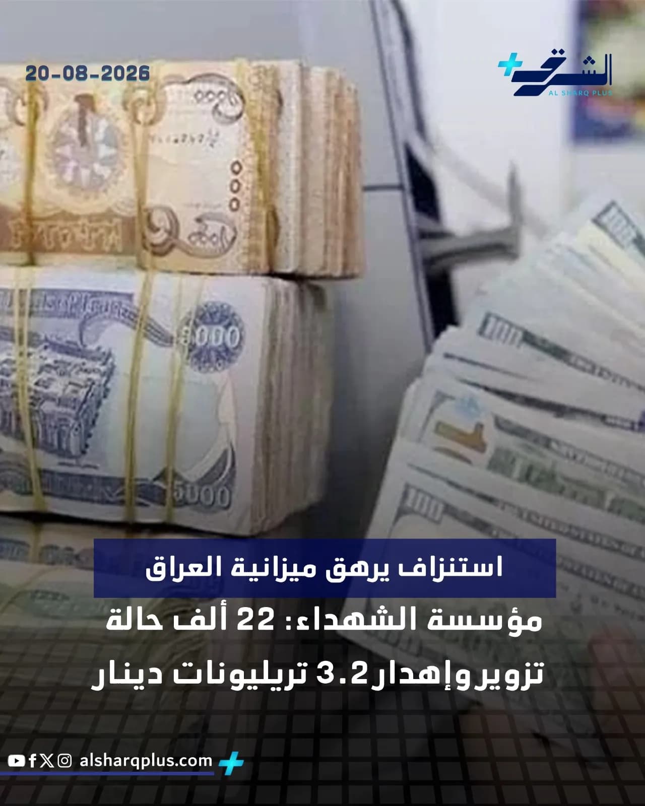 أوراق نقدية عراقية وأمريكية مكدسة، وفوقها نصٌّ بتاريخ 20-08-2026 وعنوان إخباري عن استنزاف ميزانية العراق.