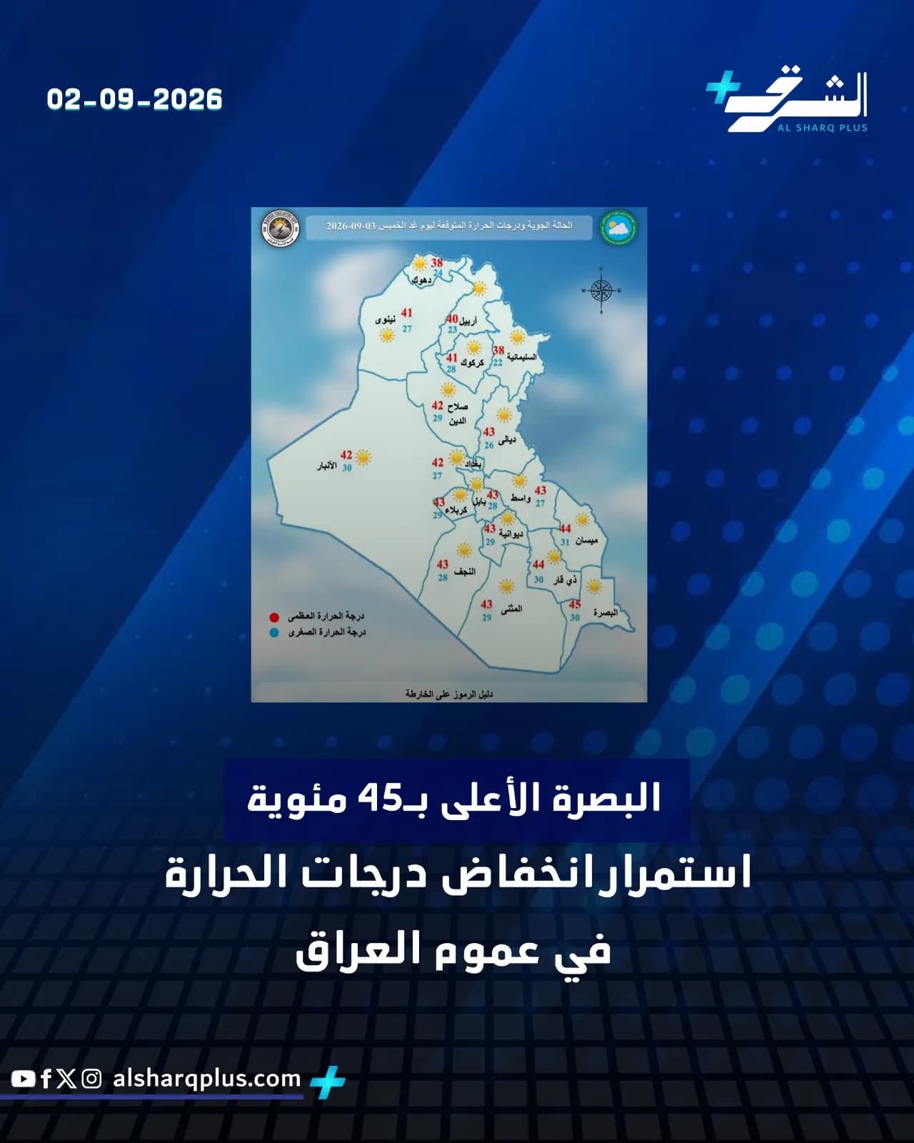 خريطة العراق تظهر درجات حرارة تتجاوز 40 درجة مئوية مع عنوان يشير إلى استمرار انخفاض الحرارة في عموم العراق.