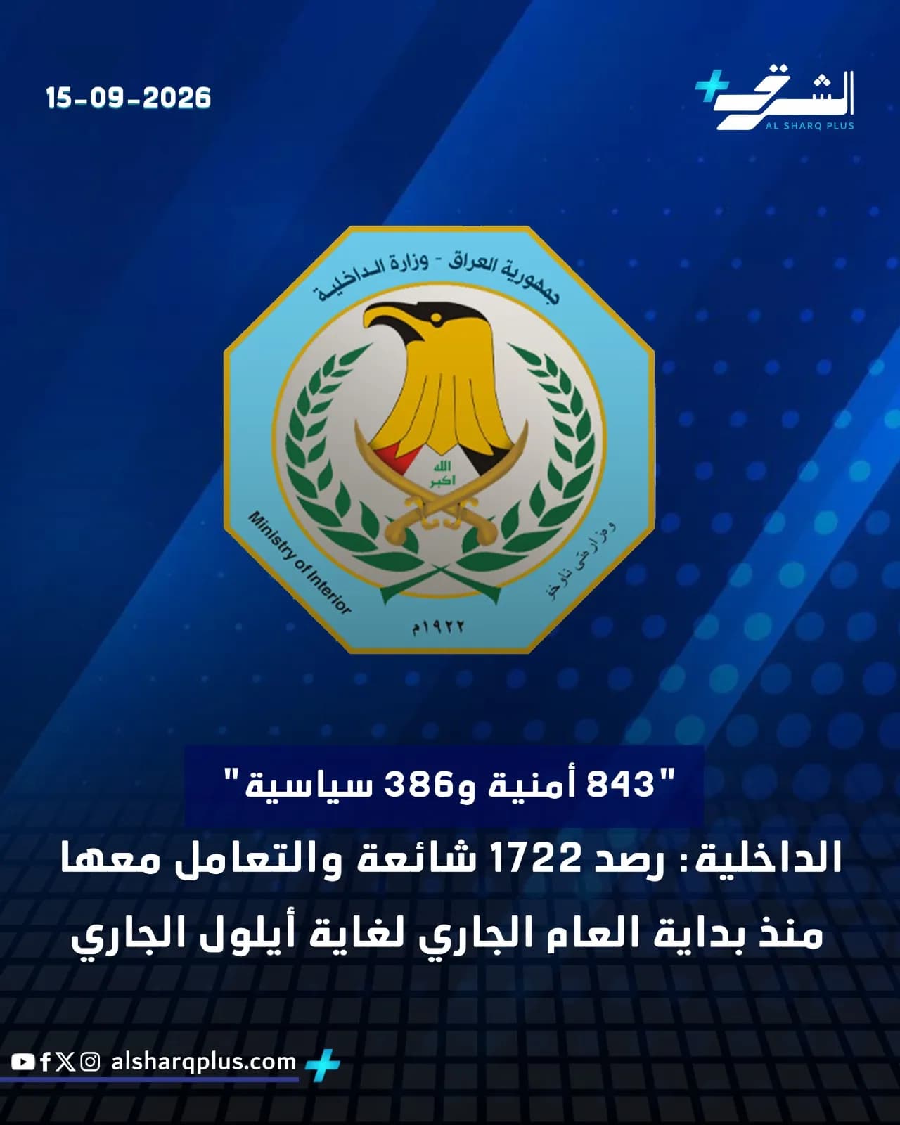 شعار وزارة الداخلية العراقية، وإلى جانبه تاريخ 15-09-2026، وعلى الصورة أرقام وإحصاءات.