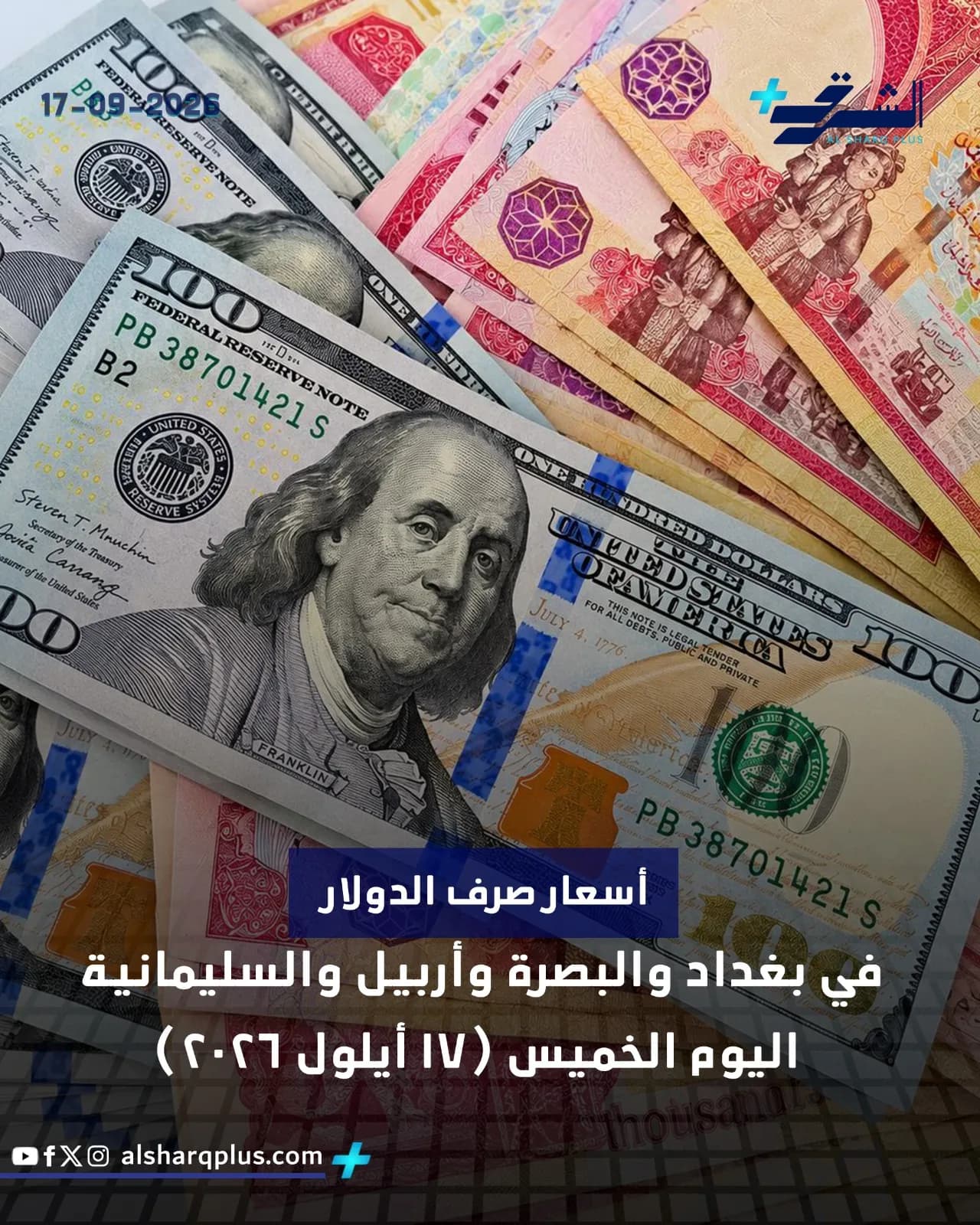 أوراق نقدية من فئة 100 دولار أمريكي مكدسة فوق أوراق نقدية عراقية، مع عنوان يوضح أسعار صرف الدولار في بغداد والبصرة وأربيل والسليمانية.