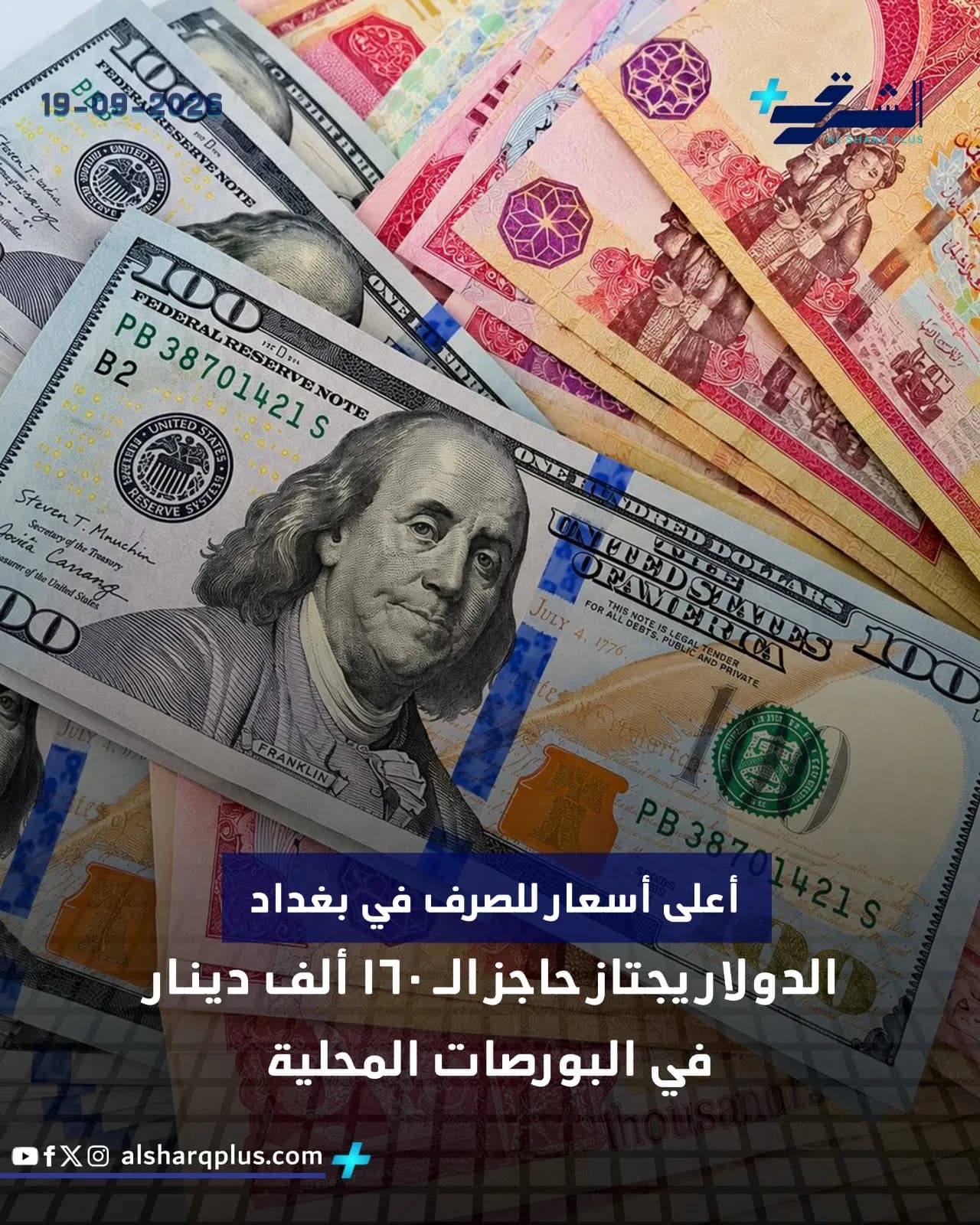أوراق نقدية أمريكية وعراقية متناثرة، مع نص عن تجاوز الدولار حاجز الـ160 ألف دينار في البورصات المحلية.