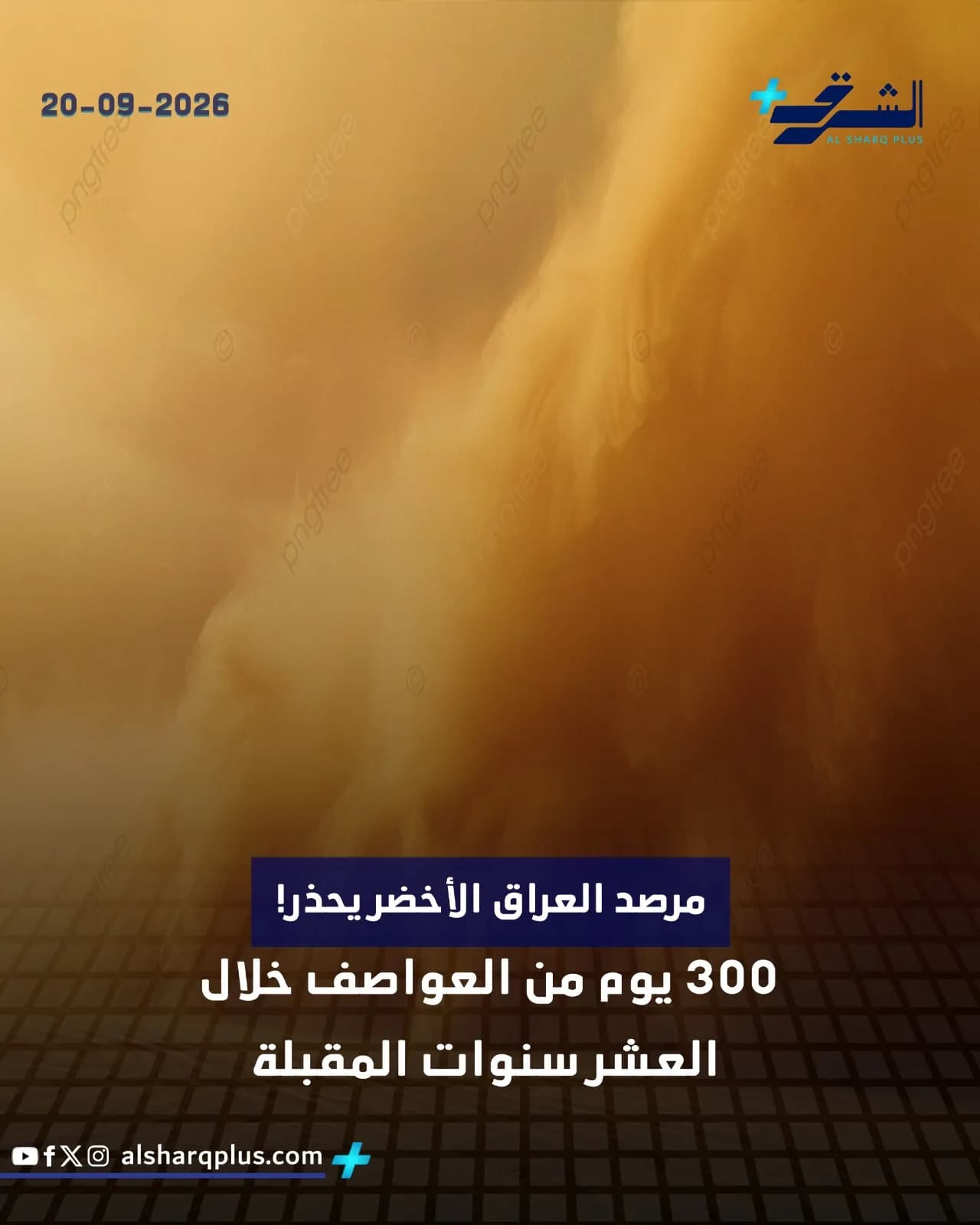 صورة لمشهد غائم بلون رمادي مائل للبني مع نص في الأسفل يحذر من 300 يوم عاصف خلال 10 سنوات.