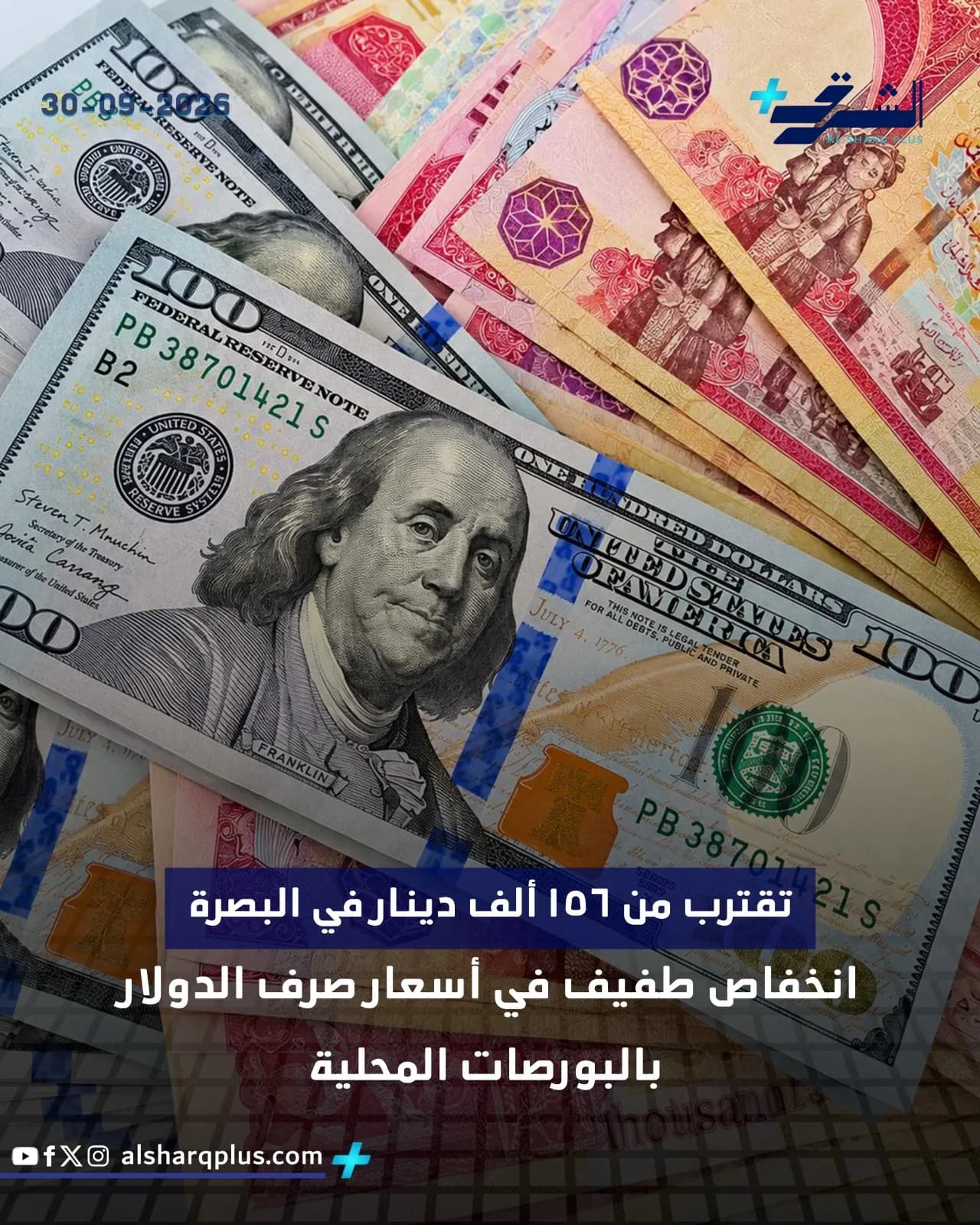 صورة علوية لأوراق نقدية من فئات 100 دولار أمريكي مكدسة فوق مجموعة من العملات الشرقية، مع نص باللغة العربية.