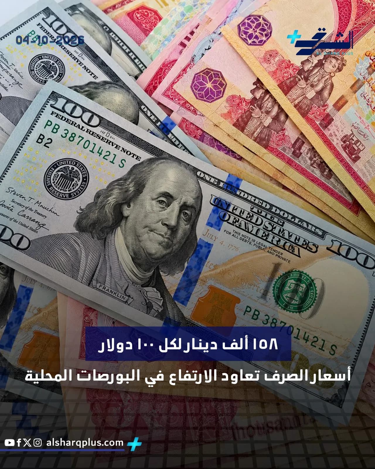 عملات نقدية متعددة الفئات، أبرزها أوراق المئة دولار، متداخلة مع عملات الشرق الأوسط.