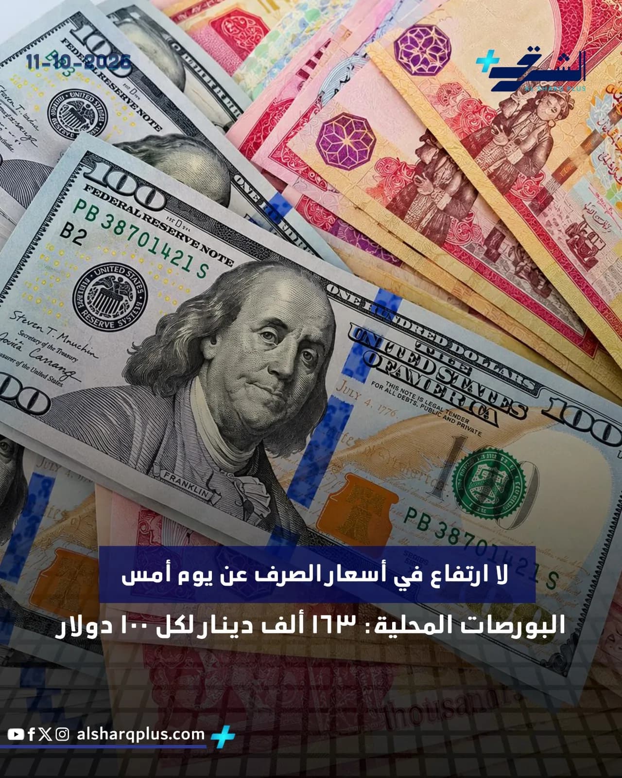 عملات الدولار الأمريكي فوق عدد من الأوراق النقدية العراقية، مع شريط أزرق يحمل نصًا عربيًا.