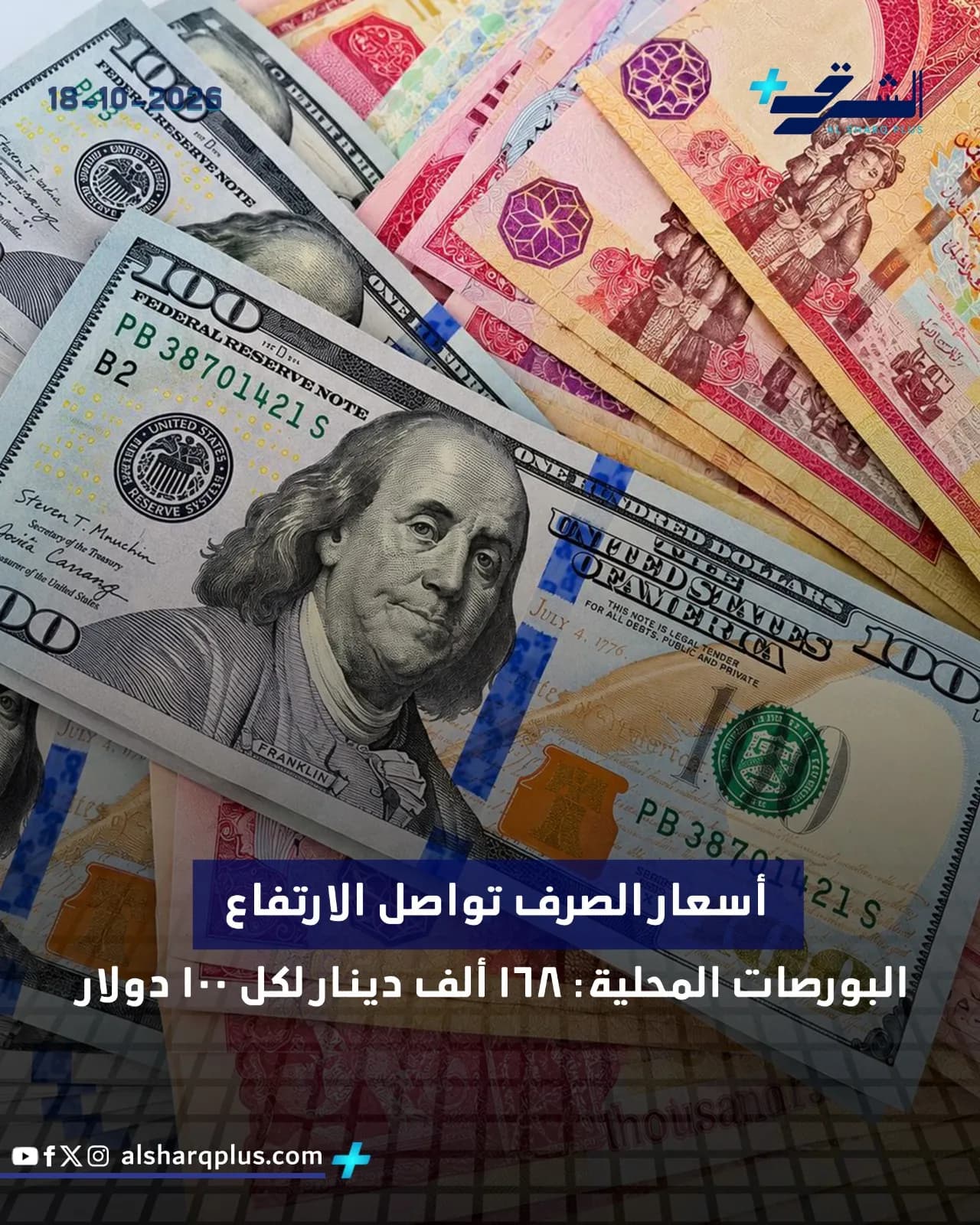 أوراق نقدية من فئات مختلفة، منها دولار أمريكي ومجموعة عملات ملونة أخرى، مع نص عربي عن ارتفاع أسعار الصرف.