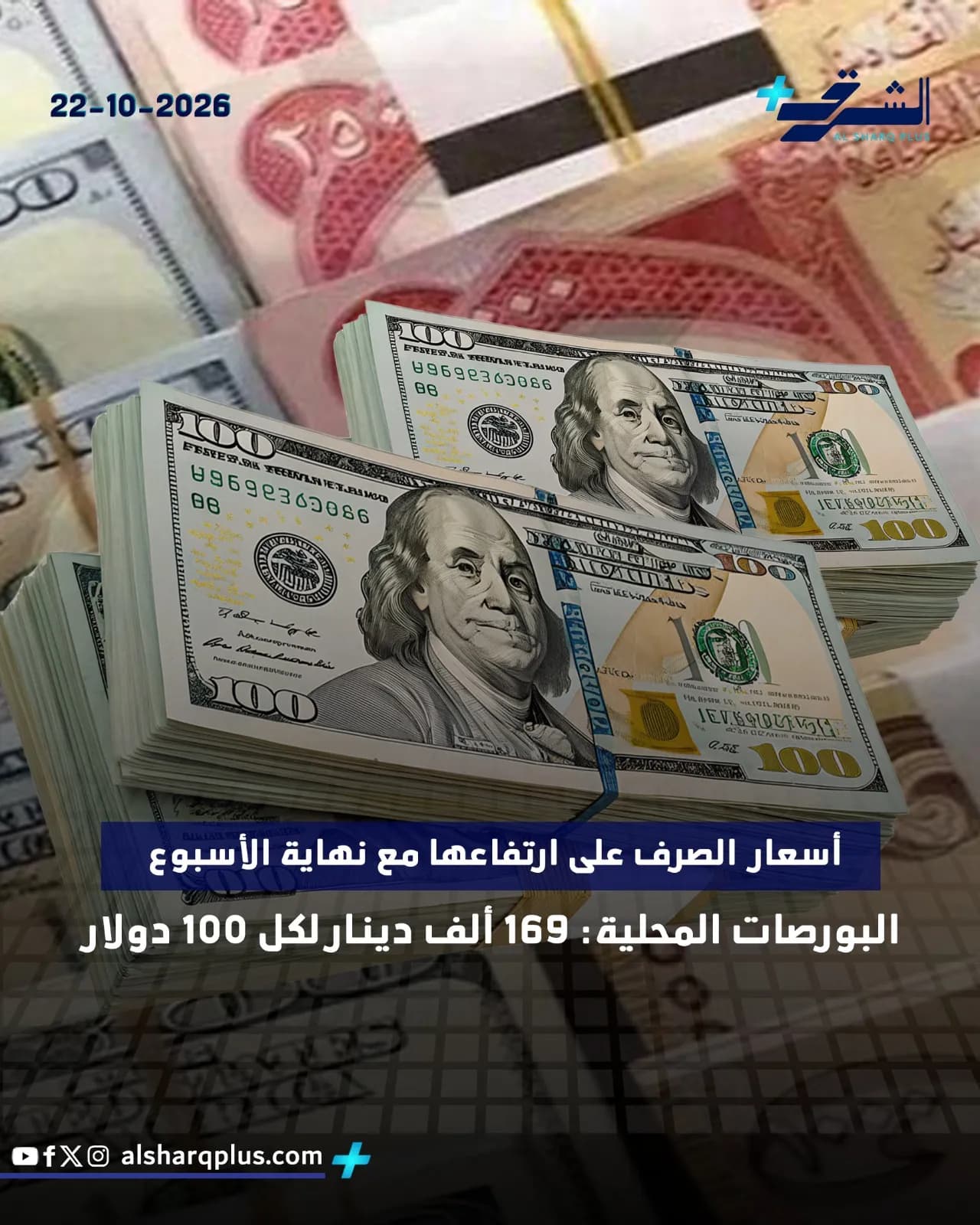 أكوام من أوراق الدولار الأمريكي من فئة المائة دولار، ومعها نقد ورقي عربي.