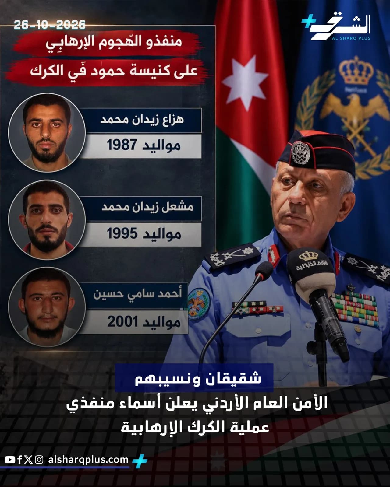 رجل عسكري يقف أمام علمَي الأردن وفلسطين، مع معلومات عن المشتبه بهم في هجوم إرهابي بالكرك.