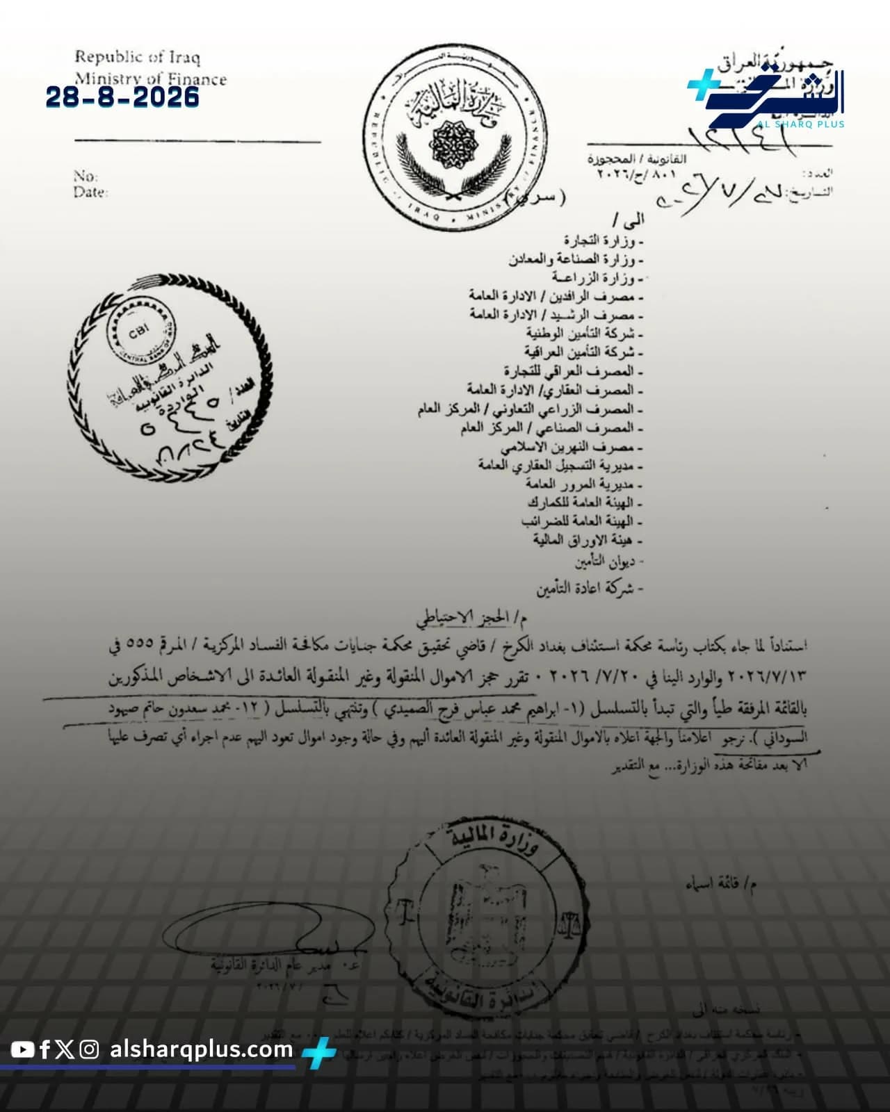 وثيقة رسمية من وزارة المالية العراقية بتاريخ 28 أغسطس 2026، تحتوي على تعليمات ومراسلات موجهة لعدة جهات.